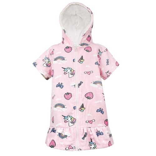 Image of FLYISH DIRECT Kids Hooded Towel, 100% Cotton, Zip-Up Thick Beach Poncho with Ruffled Hem, Super Absorbent Unicorn Towel for Girls, S