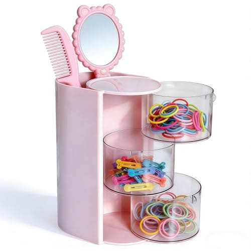 Image of Hair Accessories Organizer with Hair Brush Holder, Rotatable Spinning Makeup Brush Holder Organizer with Dividers for Earring, Ring, Hair Clip and Hair Accessories, Bathroom Bedroom Storage