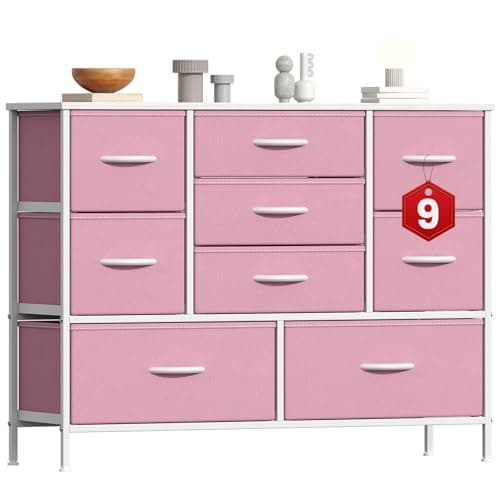 Image of GoaHi Chest of Drawers, Large Dressers with Metal Frame and MDF Wooden Top Board, Adjustable Feet, Anti-Tip Safety, Storage Unit with 9 Drawers for Bedroom, Living Room, Closet, Office Pink