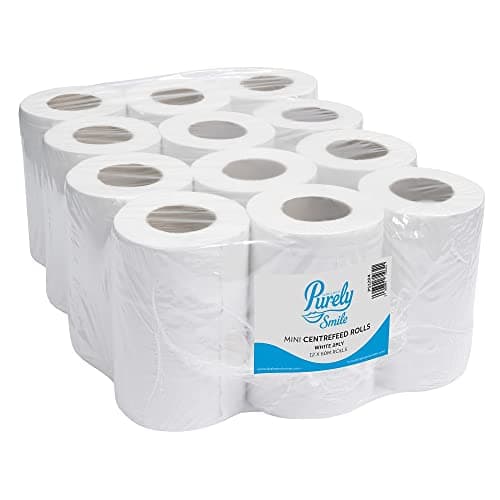 Image of Blake & White 2 Ply, 60m Mini Centrefeed White Tissue Rolls 12 Pack - Purely Smile Paper Towel Roll for Wiping Surfaces & Drying Hands - Strong & Ultra Absorbent Tissue Paper Roll | PS1204