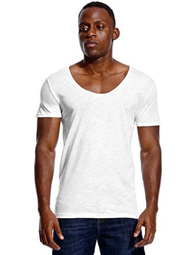 Image of Deep V Neck T Shirt for Men Low Cut Scoop Tee Invisible Vee Top Cotton Short Sleeve Wide Neck White L