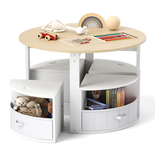 Image of COSTWAY Kids Table and Chairs Set, 5 Pieces Toddler Activity Furniture with 4 Storage Stools, 4 Fabric Drawers, Wooden Round Table and Chair Set for Art, Read, Craft, Eat (Natural+White)