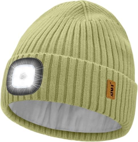 Image of ATNKE LED Lighted Beanie Hat,USB Rechargeable 4 LED Ultra Bright Running Headlamp Hands Free Head Torch Cap with Light Winter Warm Fleece Lined Knit Beany Gifts for Men and Women/Army Green