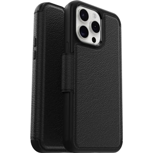 Image of OtterBox Strada Case for iPhone 15 Pro Max for MagSafe, Shockproof, Drop proof, Premium Leather Protective Folio with Two Card Holders, 3x Tested to Military Standard, Black