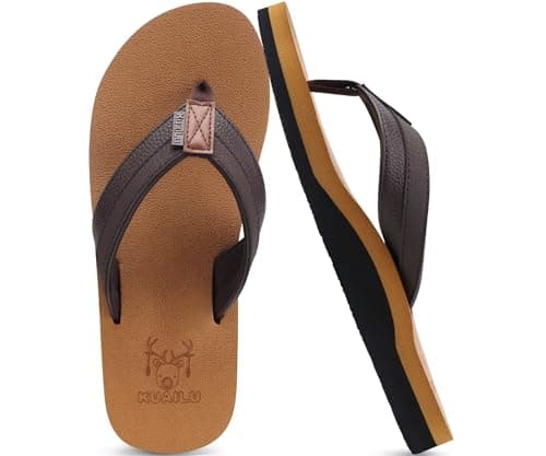 Image of KuaiLu Men's Leather Flip Flops Arch Support Summer Beach Pool Water Thong Sandals Waterproof Rubber Walking Shoes Slip on Orthotic Casual Sport Cushioned Wide Slides Shower Slippers Khaki Brown 14