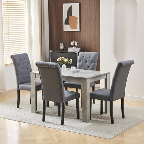 Image of Menaka Modern Wooden Dining Room Table and Chairs Set of 4 for Small Space, 5 Pieces Rectangular Kitchen Table with 4 Chairs (120cm Grey Table with 4 Grey Fabric Chairs)