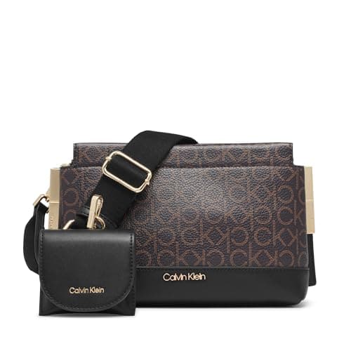Image of Calvin Klein Women's Bianca Triple Compartment Crossbody, Brown/Khaki/Black, One Size