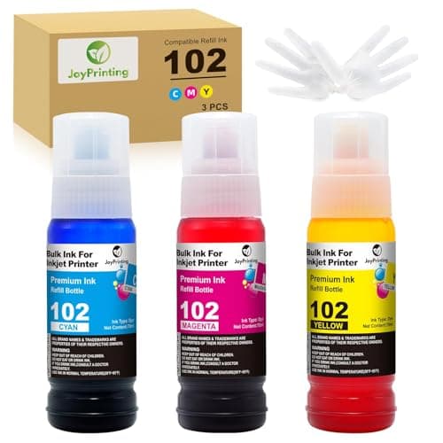 Image of JoyPrinting 102 Ink Replacement for Epson 102 Ink Bottle Refills Compatible with Epson ET-2700 ET-2750 ET-2751 ET-2756 ET-2850 ET-2851 ET-2856 ET-3700 ET-3750 ET-3850 ET-4750 ET-15000(C/M/Y, 3-PK)