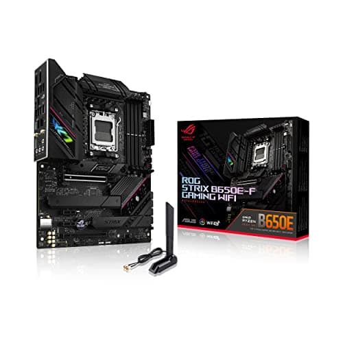 Image of ASUS ROG Strix B650E-F Gaming WiFi AMD Ryzen AM5 ATX motherboard, 12 + 2 power stages, DDR5, three M.2 slots, PCIe 5.0, WiFi 6E, 2.5G LAN, USB 3.2 Gen 2x2 Type-C port, and Aura Sync RGB