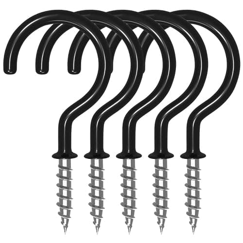 Image of XFentech 36 Pcs Cup Hooks Screw - 1-1/4 Inch Metal Ceiling Hooks with PVC Plastic Vinyl Coating Black Screw in Hooks for Hanging Plants, Cups, Lights, Kitchen Utensils