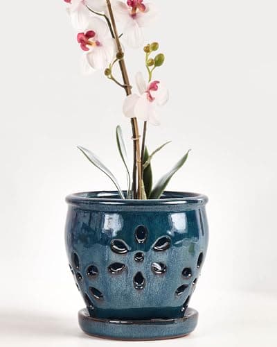 Image of vensovo 13 CM Ceramic Orchid Pots with Holes and Saucers - 1 Pcs Small Succulent Pot for Repotting, Garden Flowerpots for Plants Indoor and Outdoor Promotes Air Circulation, Blue