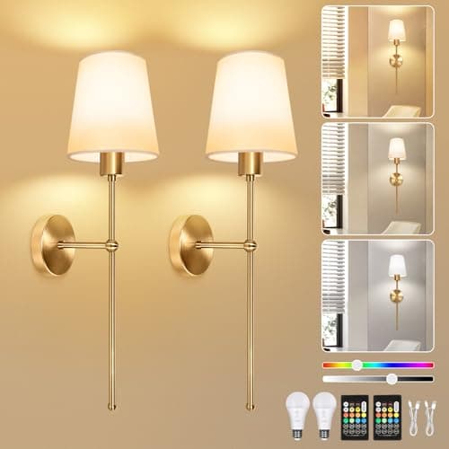 Image of Dehobo Rechargeable Wall Sconces Set of 2, Battery-Operated Wall Lights Indoor, Dimmable Wireless Lamp with 3 Color TEM, 12 RGB Charging Bulbs and Remote, Gold for Bedroom Living Room Hallway