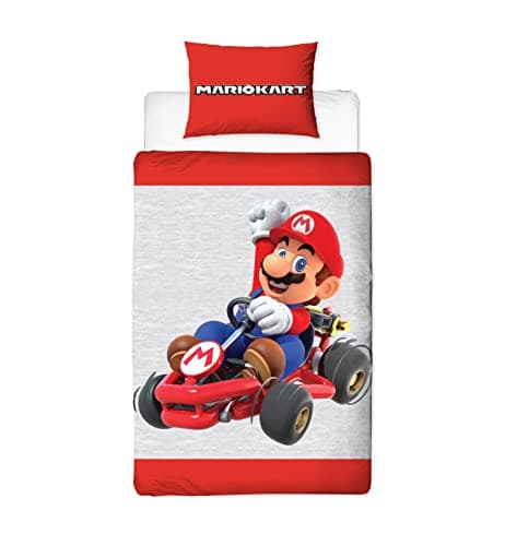 Image of Character World Nintendo Mario Kart Official Single Duvet Cover Set |Reversible 2 Sided Bedding Including Matching Pillow Case Brands Kids Single Bed Set | Red and Grey Close Up Range