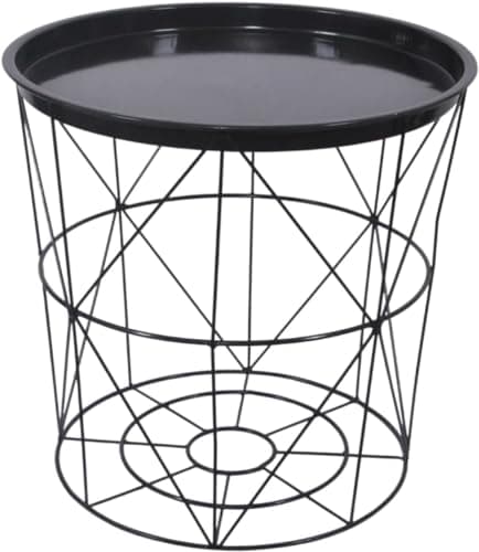 Image of PRICECRUNCHERS Black Geometric Iron Metal Wire Round Tray Top Storage Side Table Basket