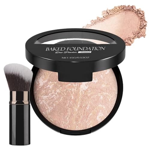 Image of Colour Correcting Powder Foundation with Brush,Baked Foundation For Mature Skin,Shimmer Brick Pressed Bronzer, Buildable Light to Medium Illuminating Powder, Matte Natural Finish Lasting Oil-control