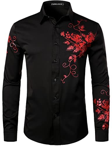 Image of PARKLEES Men's Hipster Rose Floral Print Design Slim Fit Long Sleeve Button Up Party Dress Shirt Black Red M