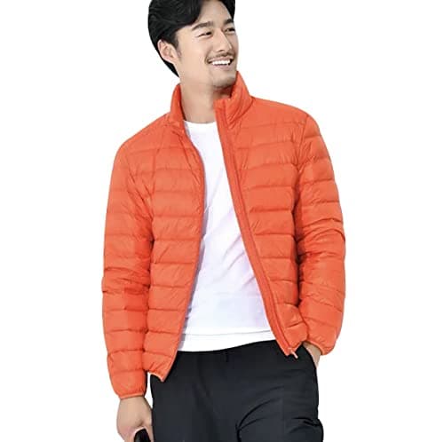 Image of OADOBKICE Lightweight Down Jacket Men With Hood Mens Down Coats Men'S Ultra Light Packable Down Jacket Down Filled Coat Parka Quilted Padded Hooded Puffer Jacket Ladies Bubble Male Stand Orange L