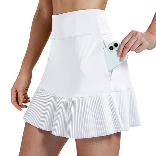 Image of MoFiz Women's Pleated Tennis Skirts with Shorts 16" Elastic Waist Golf Skorts Casual Sports Athletic Workout Active Skirt with 4 Pockets White Size UK L