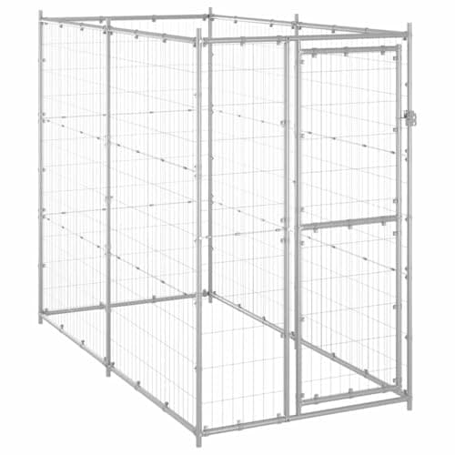 Image of vidaXL Outdoor Dog Kennel Pet Dog Animal Supplies Garden Patio Terrance Backyard Dog House Cage Training Running Safety Galvanised Steel, Silver, 110 x 220 x 180 cm/out roof