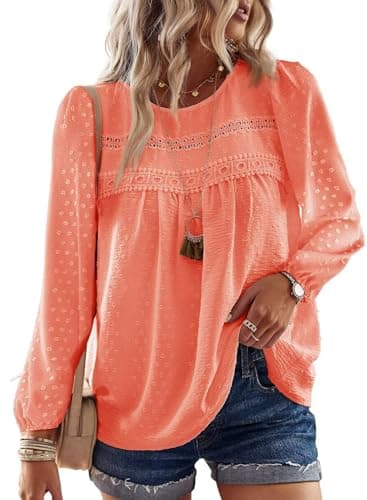 Image of TUUHAW Tops for Women UK Casual Fall Pom Pom Long Sleeve Chiffon Babydoll Lace Hem Polka Swiss Dot Blouse Smocked Bohemian Crewneck Elegant Bardot Peplum Clothing Bright Orange 2XL