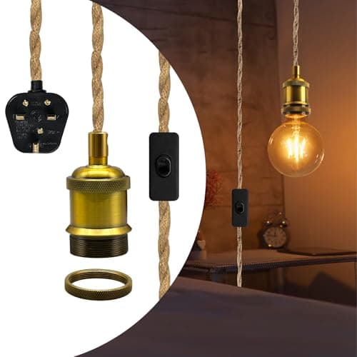 Image of Rustic Vintage Plug in Pendant Lighting, Brass E27 Lamp Holder Suspended Pendant Light Fitting Kit, Hemp Rope Hanging Lamp with 16.7 Ft Cable,Retro Plug in Ceiling Light Fixture,DIY Lamp Kit for Loft
