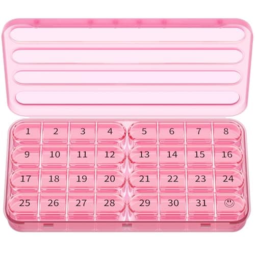 Image of Zoksi Monthly Pill Box Organiser 1 Time a Day,30 Day Tablet Organizer,One Month Medicine Storage Box,31 Day Pill Case for Travel,with 8 Portable Compartments for Vitamin,Supplement & Medication(Pink)