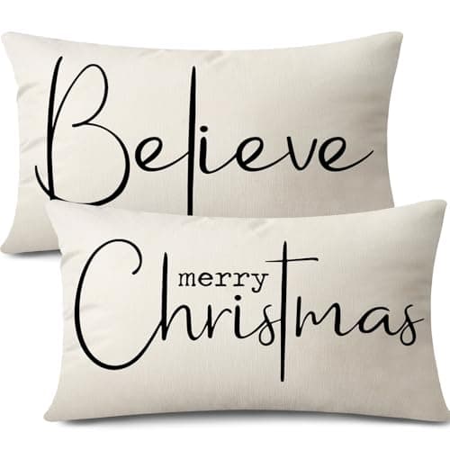 Image of JOTOM Christmas Cushion Covers 30x50 cm Set of 2 Merry Christmas Lumbar Throw Pillow Covers 12x20 Inch Farmhouse Decorations Holiday Decor Believe Cushion Case for Home Couch (Cream Beige)