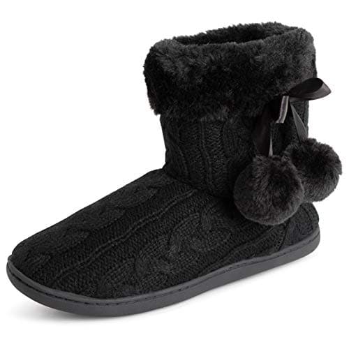 Image of Polar Womens Memory Foam Pom Pom Winter Faux Fur Luxury Plush Cosy Anti Slip Indoor Outdoor Slippers - Black Knitted - UK8/EU41 - YC0714