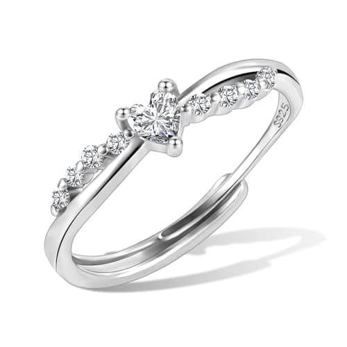 Image of ALEXCRAFT 925 Sterling Silver Heart Ring for Women, Adjustable Finger Love Rings With Cubic Zirconia Hypoallergenic S925 Sterling Silver Eternity Promise Wedding Engagement Ring
