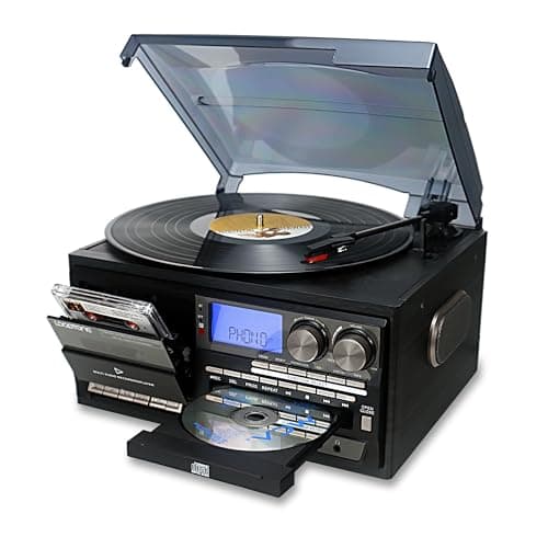 Image of LoopTone Vinyl Record Player 10 in 1 3 Speed Bluetooth Vintage Turntable CD Cassette Player AM/FM Radio USB Recorder Aux-in RCA Line-Out (Black-Grey)