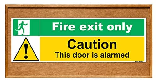 Image of 1 x Fire exit only - Caution this door is alarmed - safety sign self adhesive vinyl weather proof label sticker - 30cm x 10cm - (MPN-5013)