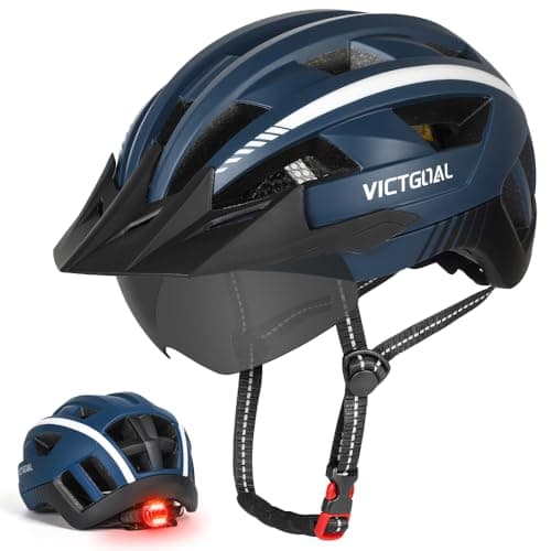 Image of Victgoal Bike Helmet for Men Women with Led Light Detachable Magnetic Goggles Visor Mountain & Road Bicycle Helmets Adjustable Size Adult Cycling Helmets (Navy, M: 21.3-22.8 inch (54-58 cm))