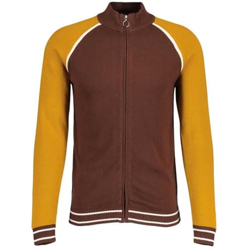 Image of Madcap England Men's Retro Knitted Track Jacket, Color Block Details, Vintage Inspired 1970s Styling, Zip Front (UK, Alpha, XL, Regular, Regular, Potting Soil)