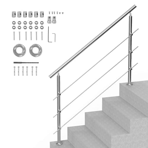 Image of VEVOR Handrails for Outdoor Steps, 59 in Length 3 Crossbars Stair Hand Rail Kit, Transitional Stainless Steel Railings w/Installation Kit, Double-Column Staircase Handrails for Seniors,Porch & Deck
