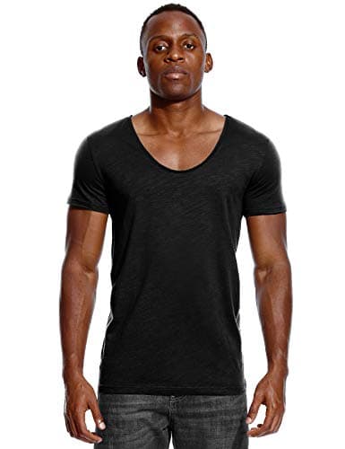 Image of Deep V Neck T Shirt for Men Low Cut Scoop Tee Invisible Vee Top Cotton Short Sleeve Wide Neck Black XL