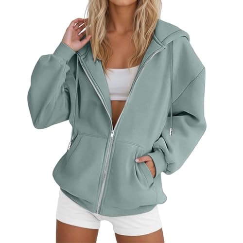 Image of Hoodies for Women UK Solid Color Long Sleeve Zip Up Sweatshirts with Pockets Casual Loose Drawstring Ladies Hoodie Soft Comfortable Oversized Tops Plus Size Lightweight Jackets Everyday Wear