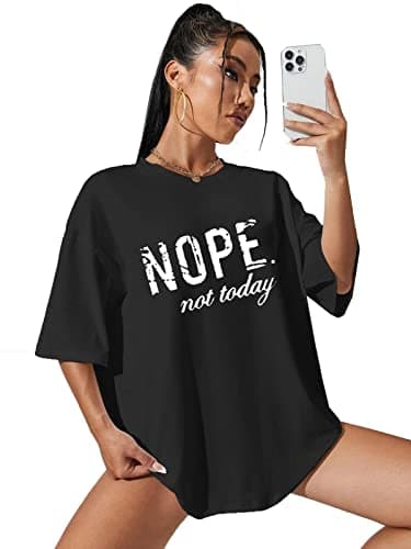 Image of GirlzWalk® Women's Slogan Print Oversize T-Shirt - Ladies Short Sleeve Printed Oversized Stretchy Casual Summer Shirt Tee Top (Black Nope Not Today, 12-14)