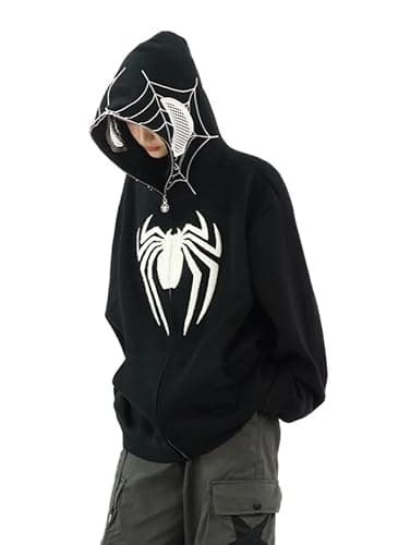 Image of OATSBAS Y2K Hip Hop Spider Hoodie for Women Men Graphic Full Zip up Hoodies Oversized Kawaii Hoodies Spider Jacket, Black, XXL