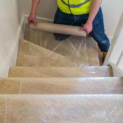 Image of Carpet Protector Film Roll – Self Adhesive Carpet Protection 60cm x 25m, Heavy Duty Waterproof Sticky Floor Cover for Stairs, Decorating, Moving & Renovation