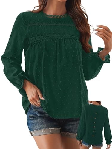Image of TUUHAW Cute Tops for Women UK Ladies Blouses Swiss Dot Ruffle Long Sleeve Solid Pom Pom Babydoll Chiffon Bohemian Scoop Neck Bardot Loose 2025 Bubble Hem Spring Pleated Peplum Clothes Green XL