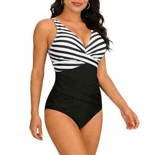 Image of ZUIMEIHQH One Piece Swimsuit for Women, Women's Swimming Costumes V Neck Tummy Control Ruched Modest Swimming Costume Women for Beach (UK, Alpha, M, Regular, Regular, Thick Stripes Black and White)