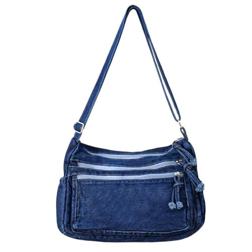 Image of Ausing Large Denim Purses for Women Fashionable Denim Tote Bag Spacious Crossbody Handbag Multi-Pocket Tote Bag for Travel Shopping Work Deep Blue