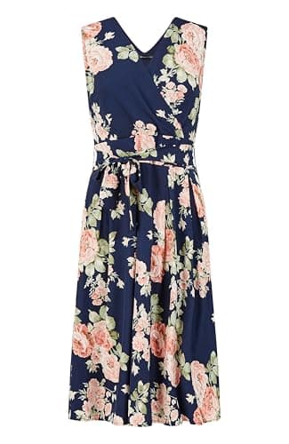 Image of Yumi Navy Rose Printed Wrap Over Sleeveless Skater Dress (UK, Numeric, 12, Regular, Regular, Navy)