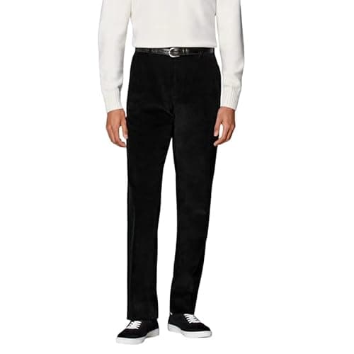 Image of Men’s Cord Trousers – Stretch Waistband Cotton Corduroy Flat Front Pants – Comfortable Smart Casual Wear – Waist 30–50, Black 30W/31L