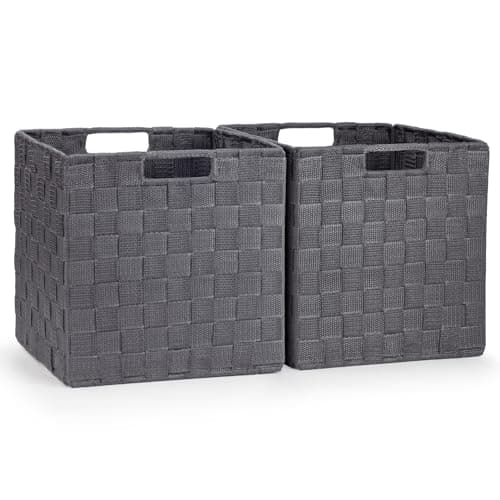 Image of EHC Woven Polypropylene Collapsible Basket, Storage Cubes, Set of 2 Foldable Boxes For Cupboards, Shelves, Closet - Grey