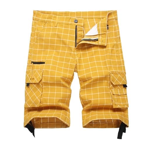 Image of Plaid Shorts Men Classic Regular Fit Plaid Cargo Short Multi-Pocket Outdoor Shorts, Yellow Plaid, 34