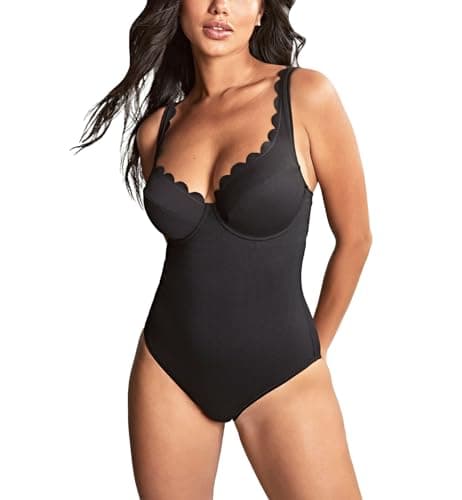Image of Panache Swim Spirit Rita Underwire One Piece – Tummy Control Swimsuit for Women with Scallop Edge & Plunge Neckline, Black, 40