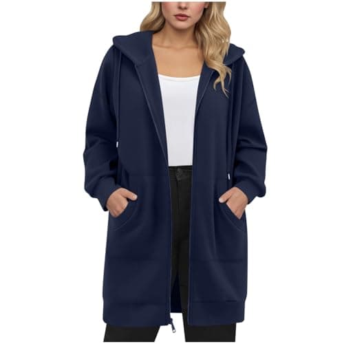 Image of Women's Jacket Long Sleeve Zip Up Ladies Longline Jackets Loose Hooded Winter Coat Outwear with Pockets