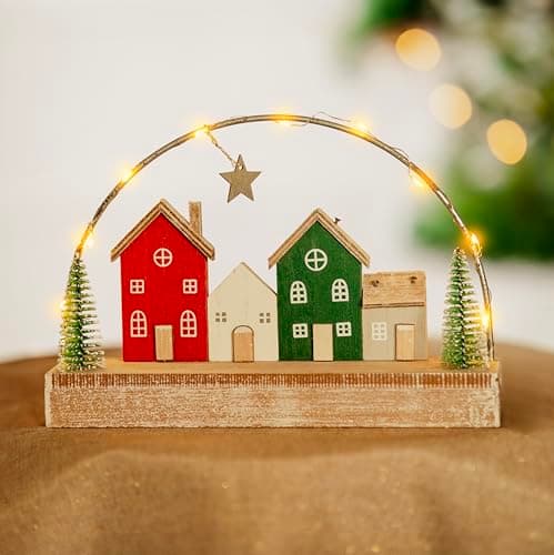 Image of Marco Paul Large LED Light-Up Christmas Village Scene – 25 cm Wooden Pre-Lit Ornament with Warm White LEDs – Festive Nordic Christmas Decoration for Table & Mantel Home Décor Display
