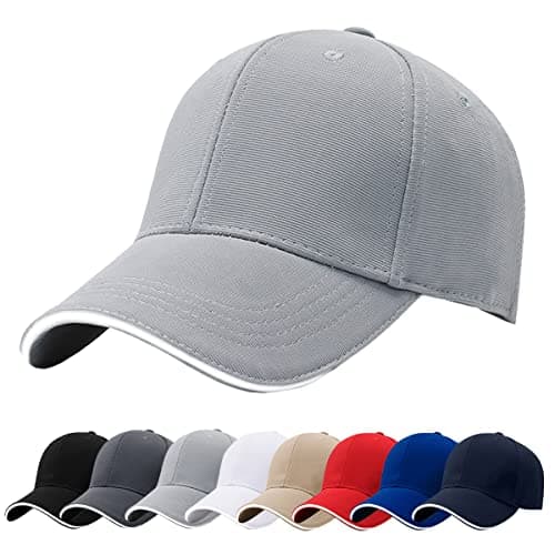 Image of Baynetin Men Baseball Caps, 100% Cotton 6 Pannels Plain Solid Color Hat,Pre-Curved Visor with Sandwich. Adjustable Breathable Summer Sun Hat Sports Cap for Outdoor. (Light Grey)